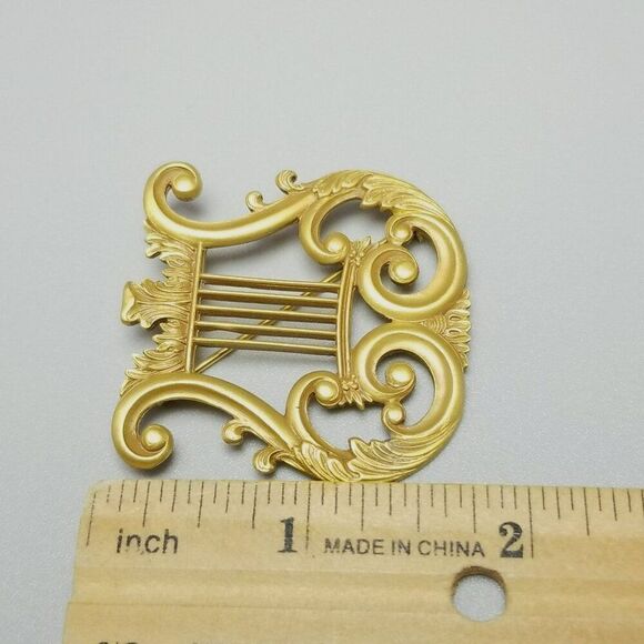 Vintage Hermitage Harp Satin Gold Tone Brooch, Signed Lapel Pin, Estate - Picture 6 of 8